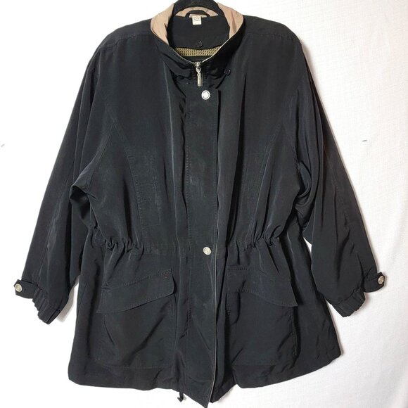 CS SIGNATURE Womens Windbreaker Coat Sz 1X Pockets Lined Button & Zip Black/Tan - Picture 4 of 16